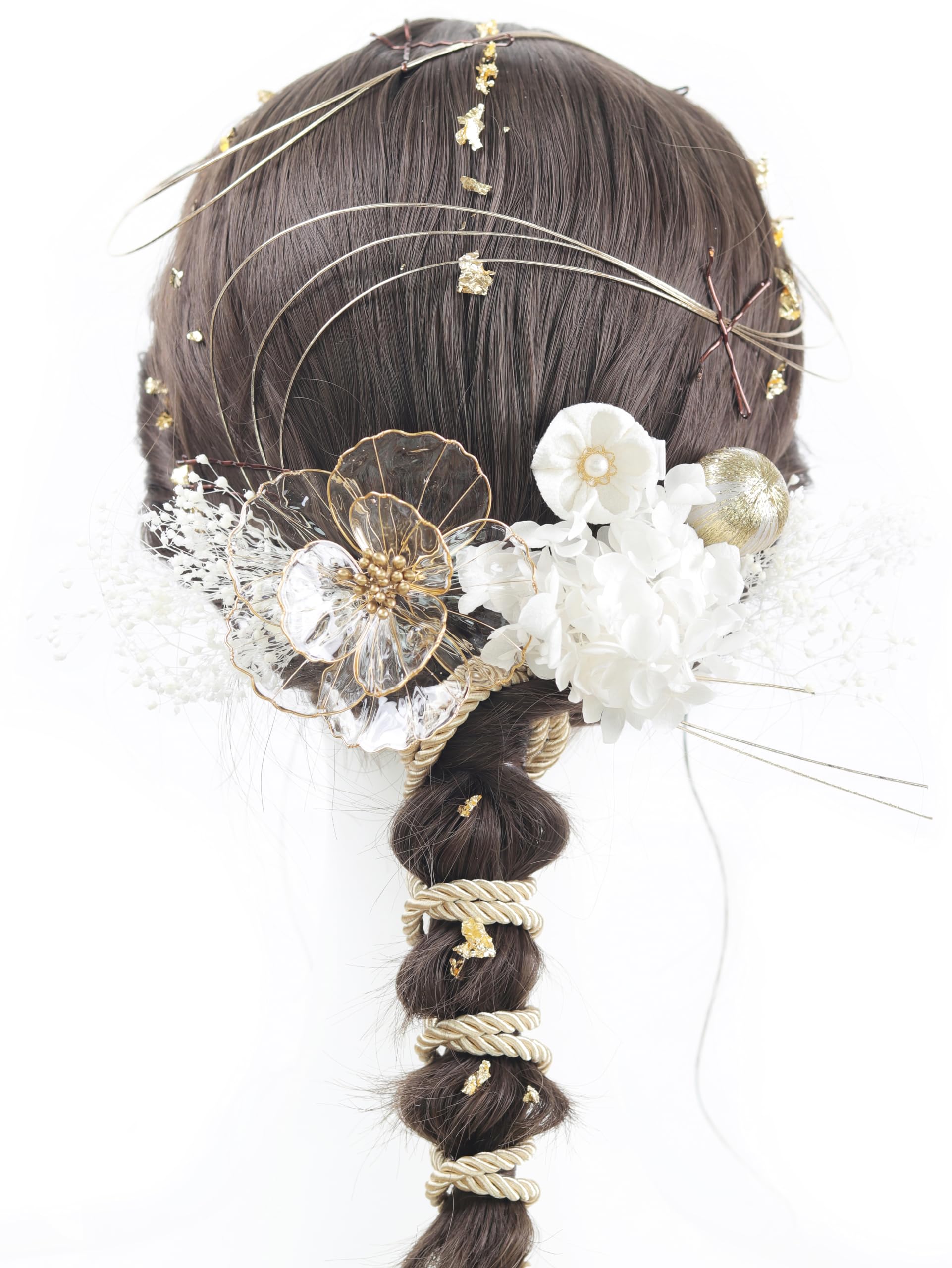 [NANA Handmade] Hair Ornament - Artificial Flowers, Japanese Balls, Tsumami-zaiku, Mizuhiki, Cord, Gold Leaf - Perfect for Coming-of-Age Ceremony,