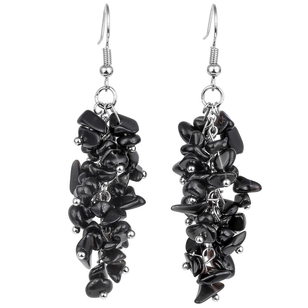 Natural Crystal Tassel Earrings with Irregular Gravel and Silver Hooks