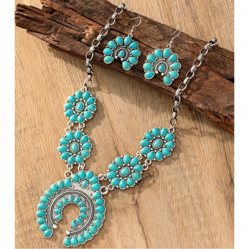 Boho Turquoise Floral Necklace Earring Set Alloy Jewelry Women Men Casual Wear