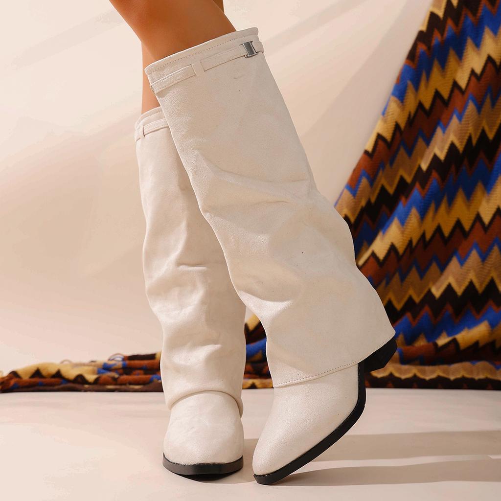 Foreign Trade Large Size Pointed European and American Tall New Boots 2025 Autumn and Winter Fold Thick Heel Sleeve High Heel Fashion Boots