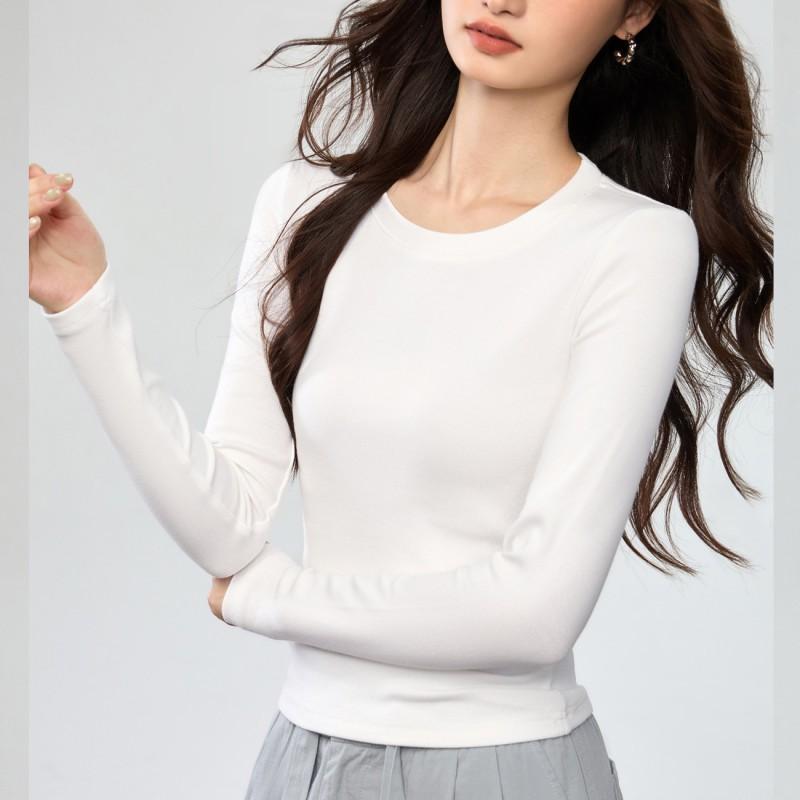 Soft Brushed Cotton T-Shirt Women Fall Winter Long Sleeve Slim Fit Stand Collar Base Layer Top