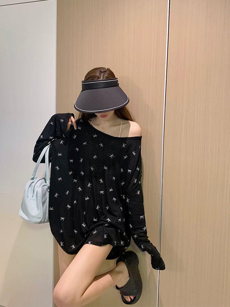 Women's Sheer Bow Print Long Sleeve Sun Protection Top - Spring/Summer Casual Cover-up