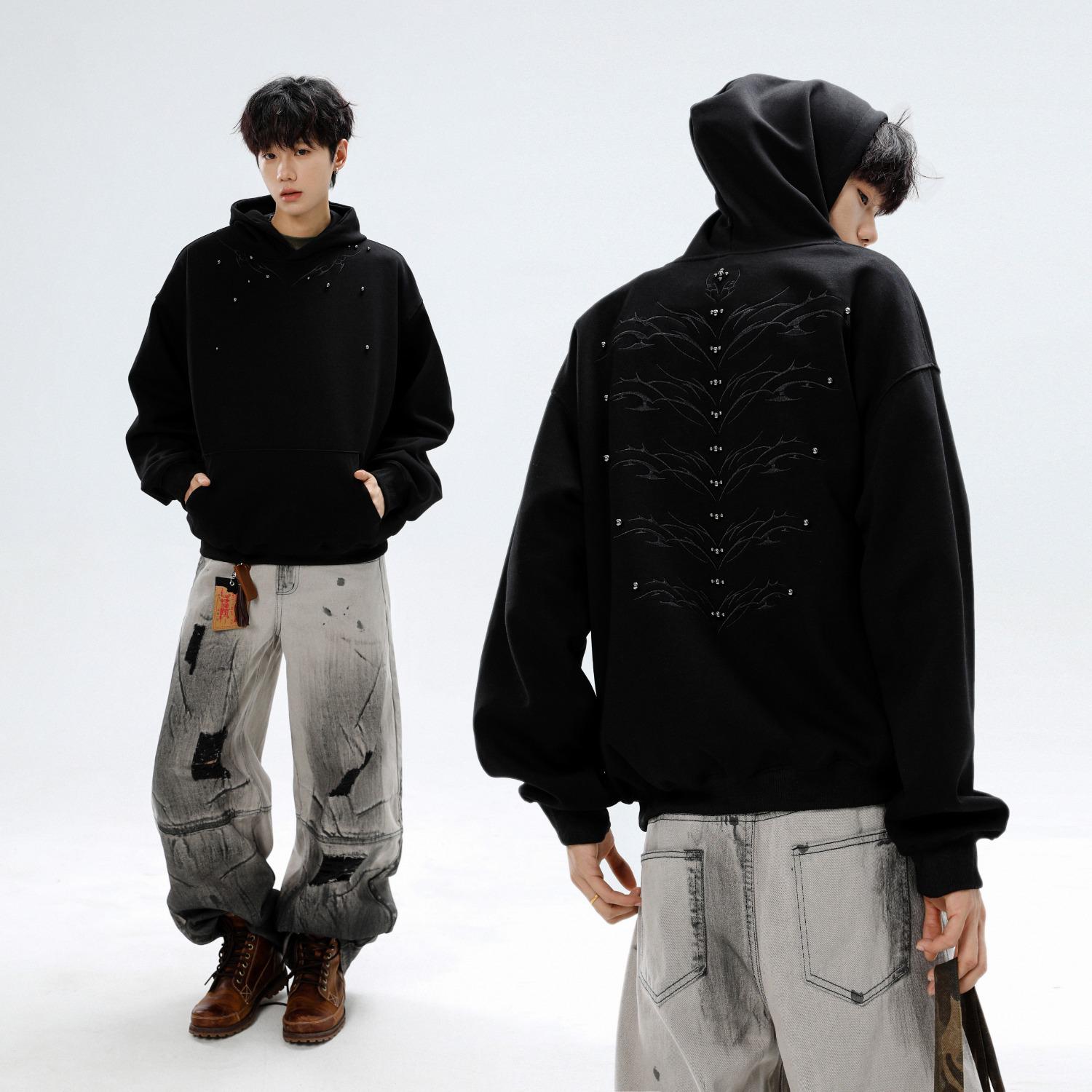 Унисекс худи с вышивкой в американском стиле из бархата (Тяжелый, Ретро, Свободный крой) Medium