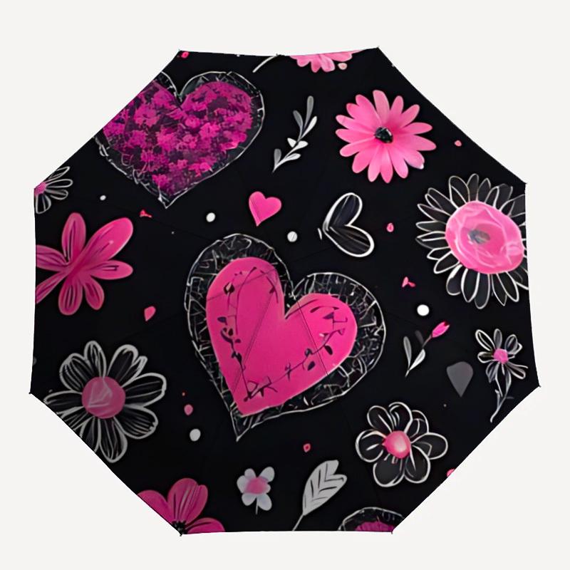 1pc Heart Flowers Pattern Automatic Umbrella Portable Home Essential Umbrella, Iron Umbrella Structure Suitable for All Seasons Yy251123117