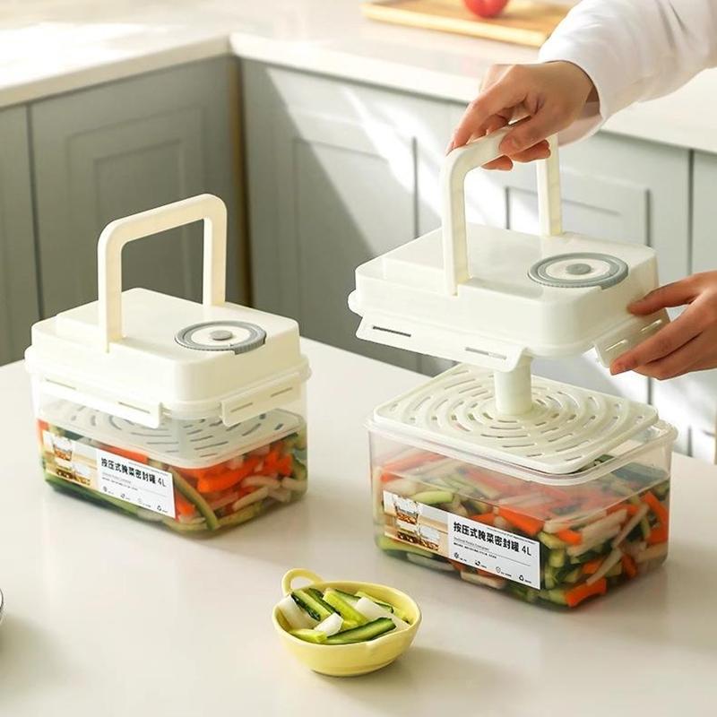 4L Plastic Pickle Jar With Press Plate Leakproof Kitchen Organizer Bin For Gherkin Sauerkraut Olive And Kimchi Storage Container