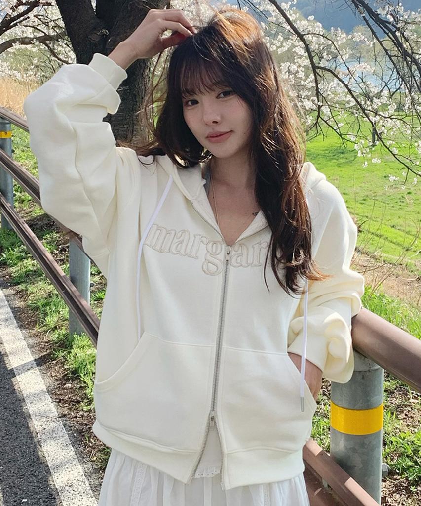 Stmg Margarine Applique Loose Two-Way Zipper Hoodie Ivory
