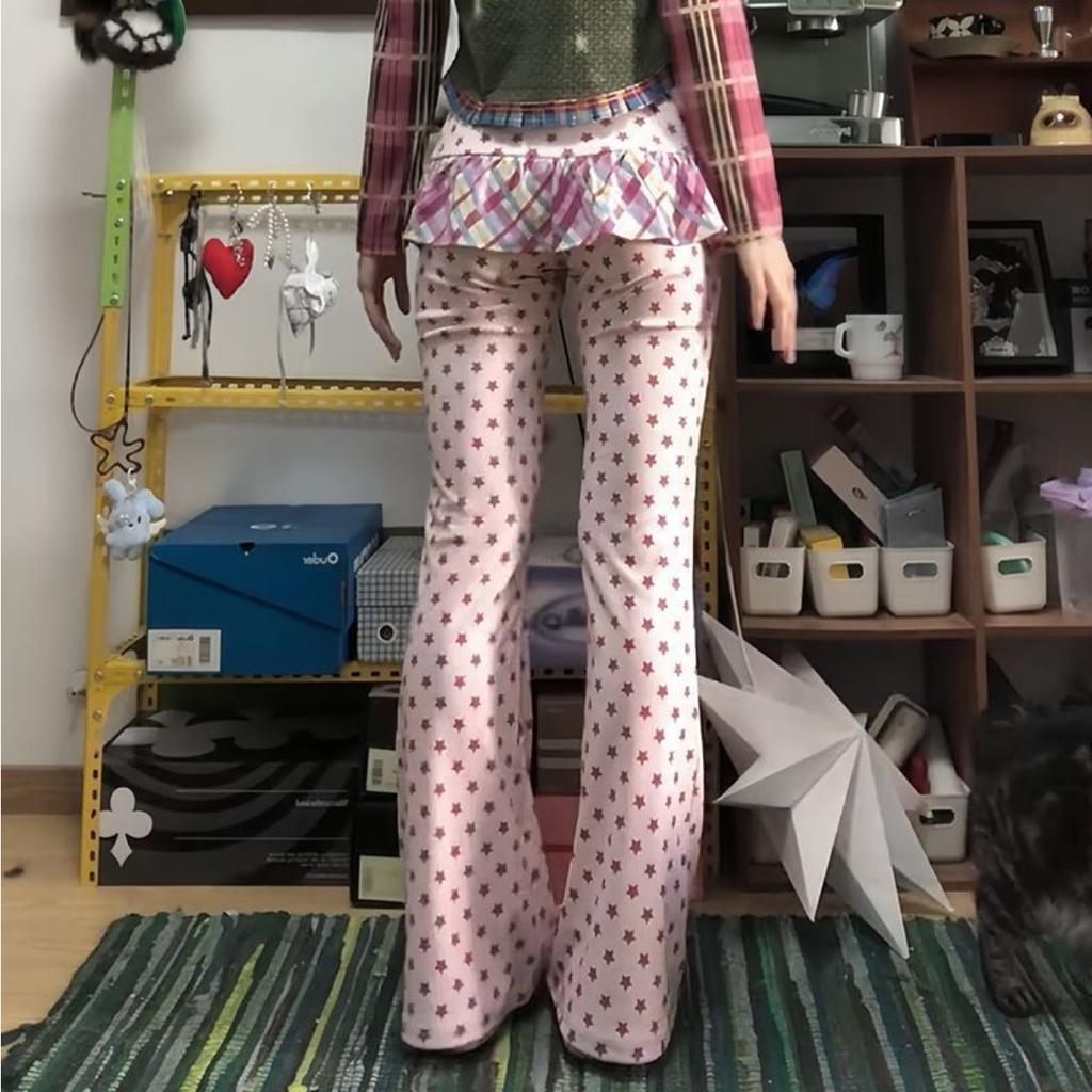 ZYLLO Damen Y2k Lange Hosen Fake Zweiteiler 2000er Kpop Mode Gyaru Niedrige Taille Schlaghosen Skinny Süß Harajuku