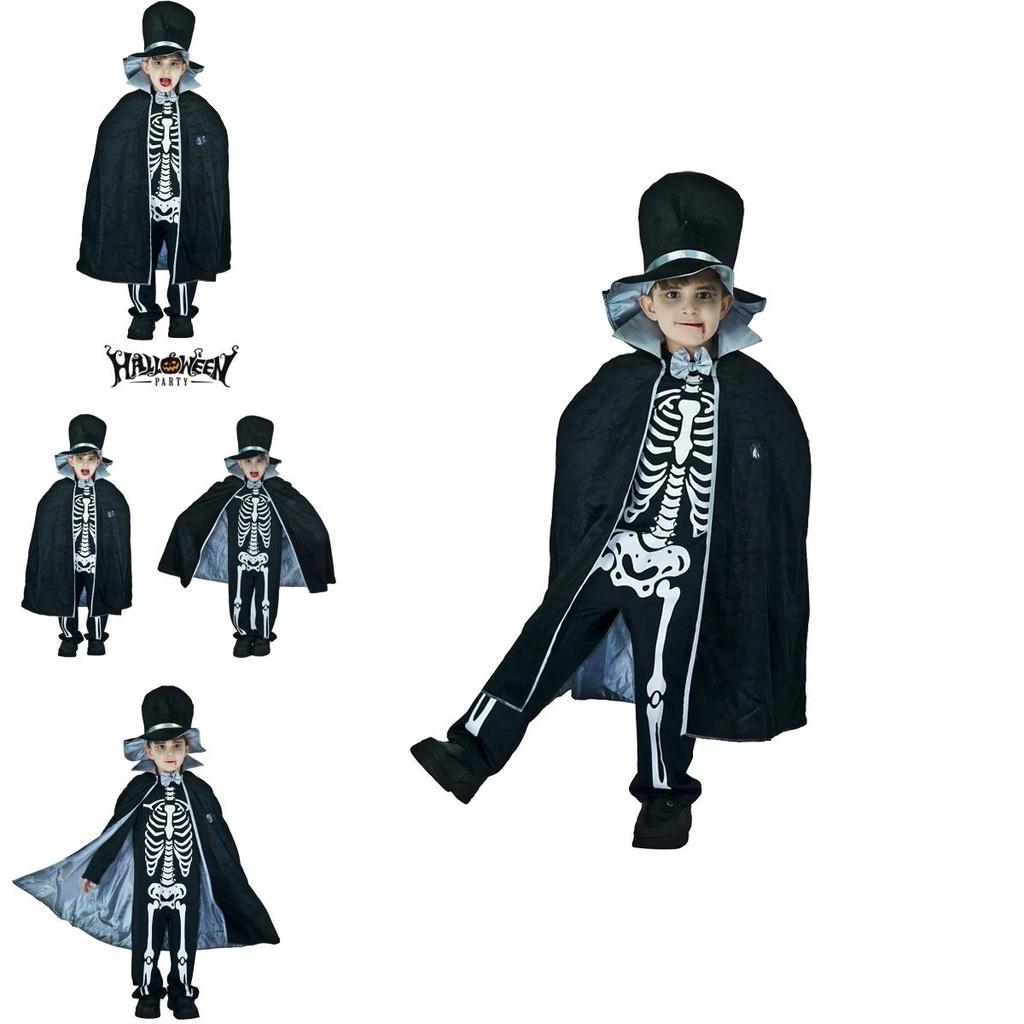 Kids Boy Skeleton Skull Ghost Cloak Halloween Cosplay Party Outfit Costume