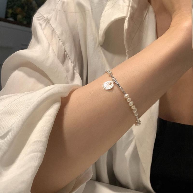 925 Sterling Silver Bracelet for Women Girl Pearl Fu Zi Temperament Korean Retro Design Jewelry Gift Dropshipping