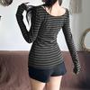 SCIONE Japanese Basic Slim Long Sleeve Stripe Tee Off Shoulder Round Neck Korean Street Style Spring Autumn Y2K Gray T Shirt Women