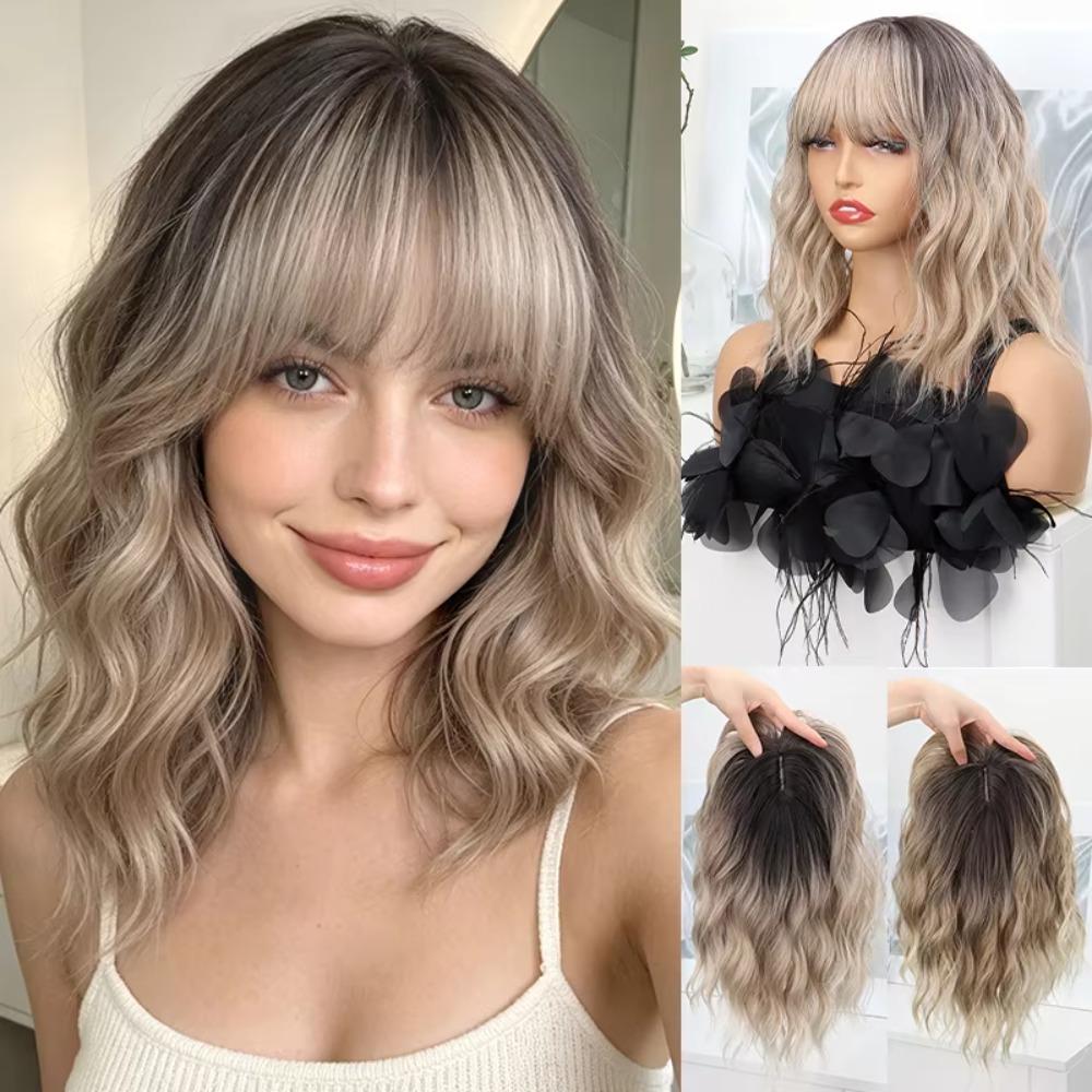 Natural Short Wavy Wig Gradient Clip-In Bangs Extension for Added Volume, Coverage, And Blend