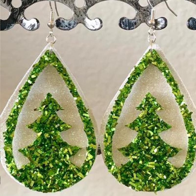 

Vintage European & American Red Plaid Teardrop Leather Christmas Tree Earrings with Sequin Pendant