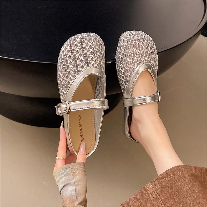 Mesh Bag Head Dragging Hole Shoes Mary Jane Half Slippers Women's Outer Wear Hollow Woven Fishing Net Shoes Non-slip Flat Sandals