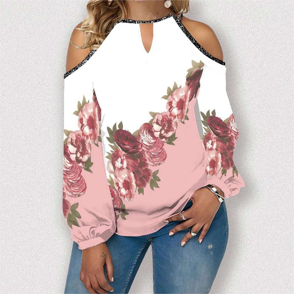 Women's Fashion Casual Temperament Flower Round Neck Off-shoulder Matching Color Long Sleeve T-shirt Top
