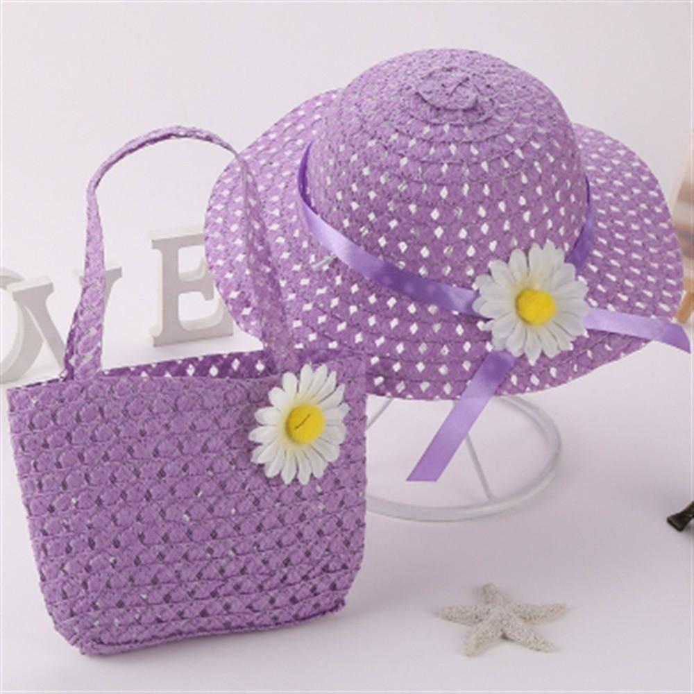 2Pcs/Set Flower Design Children Beach Hats Set Wide Brim Straw Wide Hat  Kids Summer Holiday