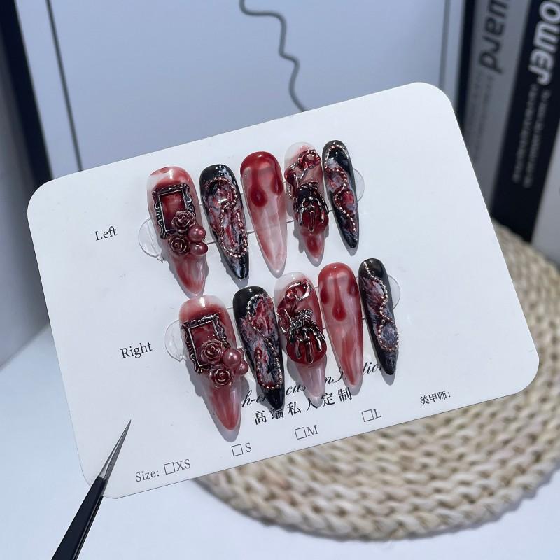 Handcrafted Gothic Bloodstained Rose Press-On Nails Long Stiletto Style Floral 3D Embossed Design Women Extra Small