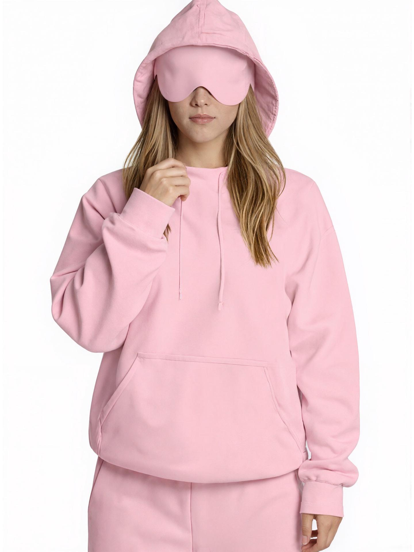 

Женское однотонное худи с карманом-маской для глаз, свободного кроя, с несколькими карманами, для осени/зимы, европейский и американский стиль 2025. M розовый