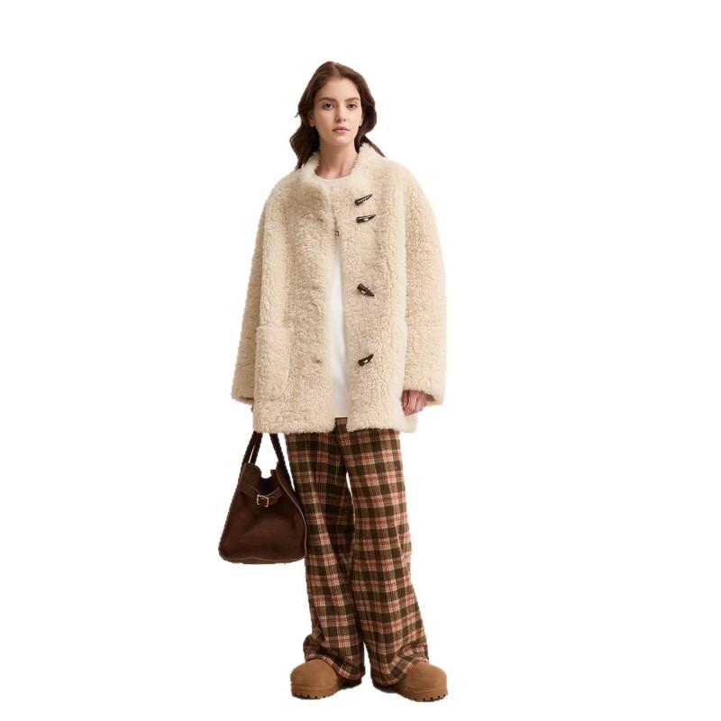 Womens Faux Fur Coat Oversized Horn Button Winter Jacket Casual Warm Outerwear