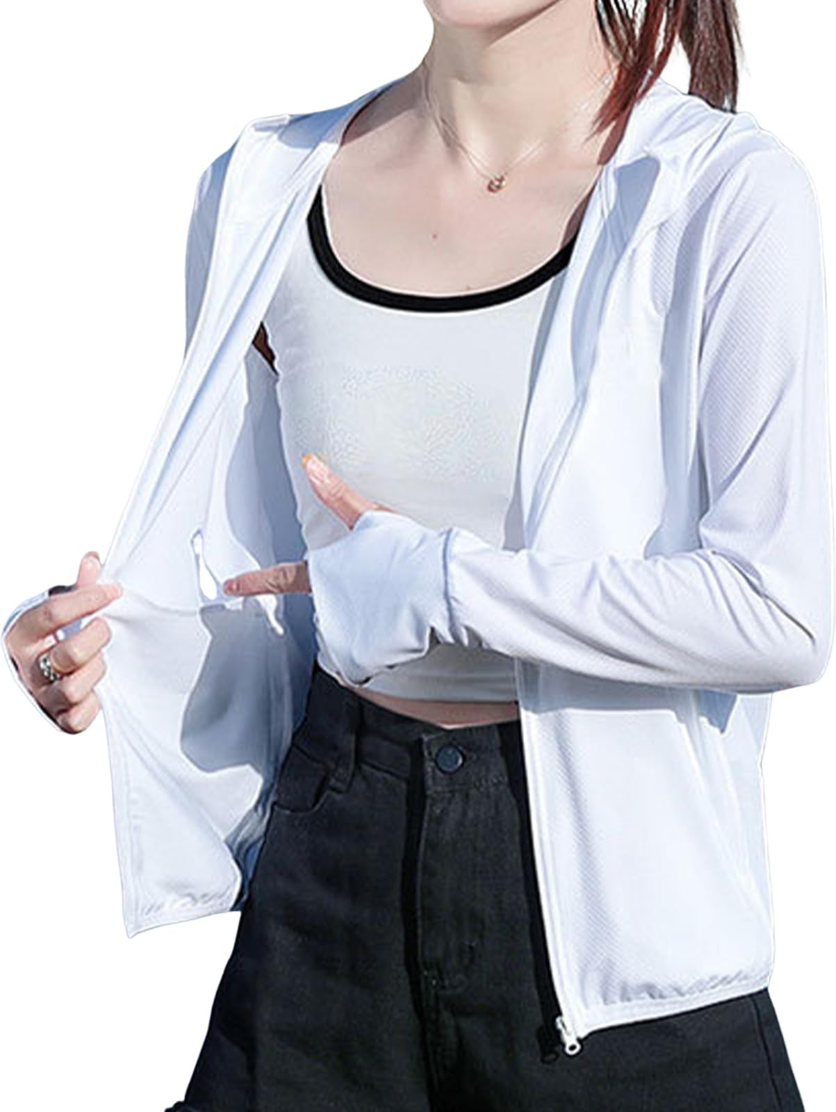 

Легкий рашгард Chunach с защитой от УФ-излучения и охлаждающими свойствами с отверстиями для больших пальцев для и Идеально подходит для улицы и защиты для женщин, Молния, белый