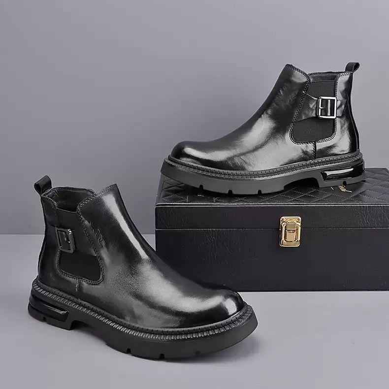 Men's 2025 British Chelsea Ankle Boots, Black Chimney, Height Increasing, Thick Sole, Genuine Leather for Autumn/Winter.