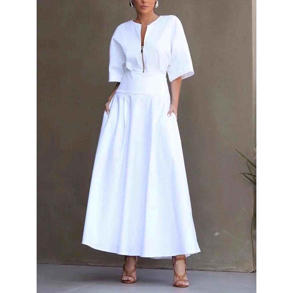 Women's Solid Color Short Sleeve Maxi Swing Dress Casual Fashion Summer Dress for Women
