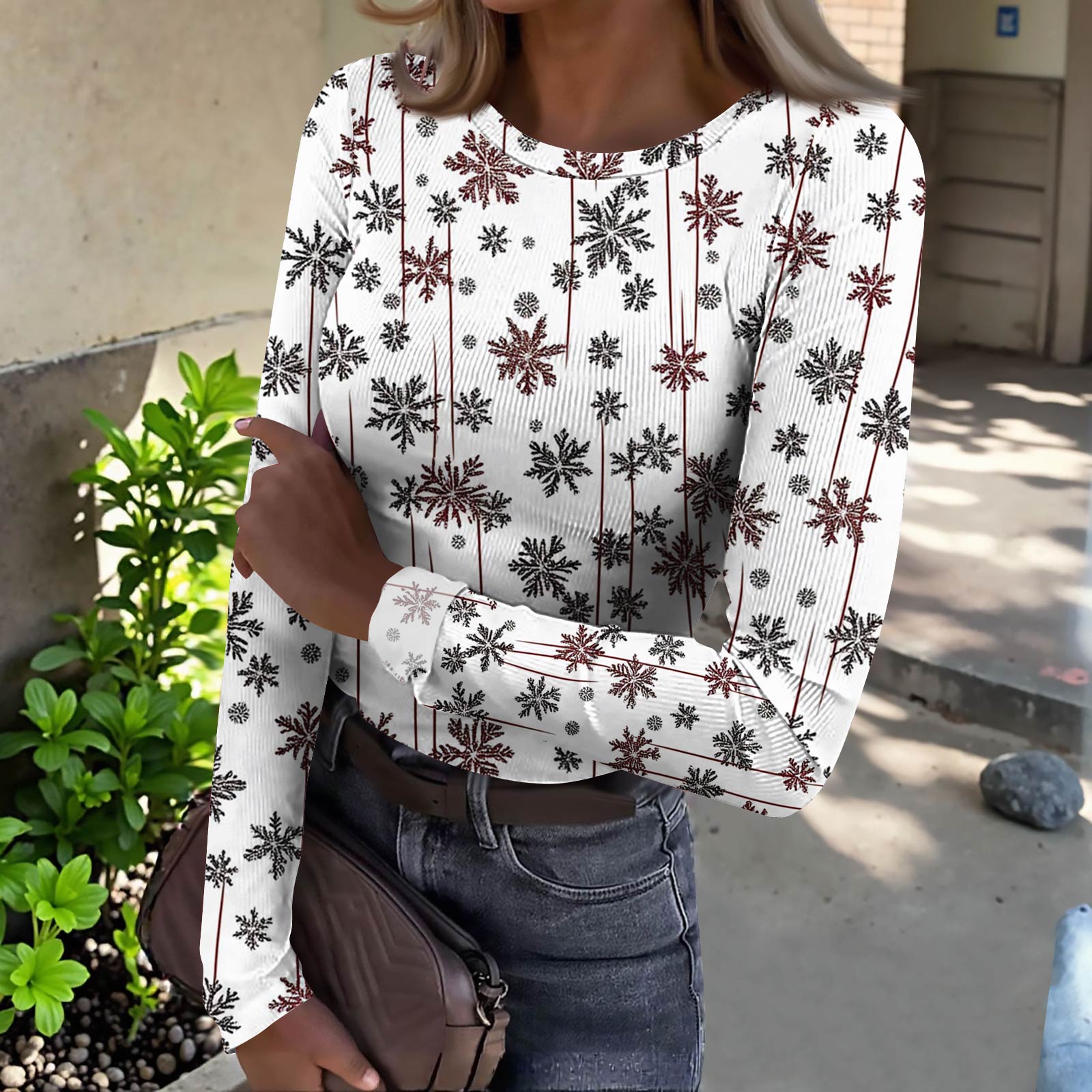 

Женская футболка с облегающим низом, модная повседневная с градиентным принтом, пуловер с круглым вырезом и длинными рукавами L белый