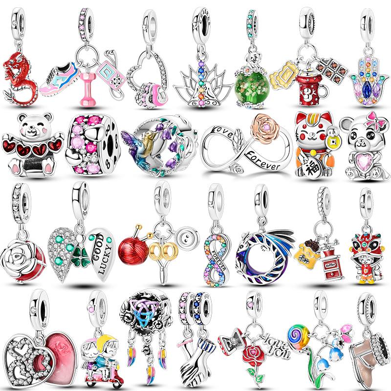 Charms Plata De Ley Copper Rose Colorful Charms Beads Pendant Fit Original Bracelet For Women Anniversary Diy Jewelry
