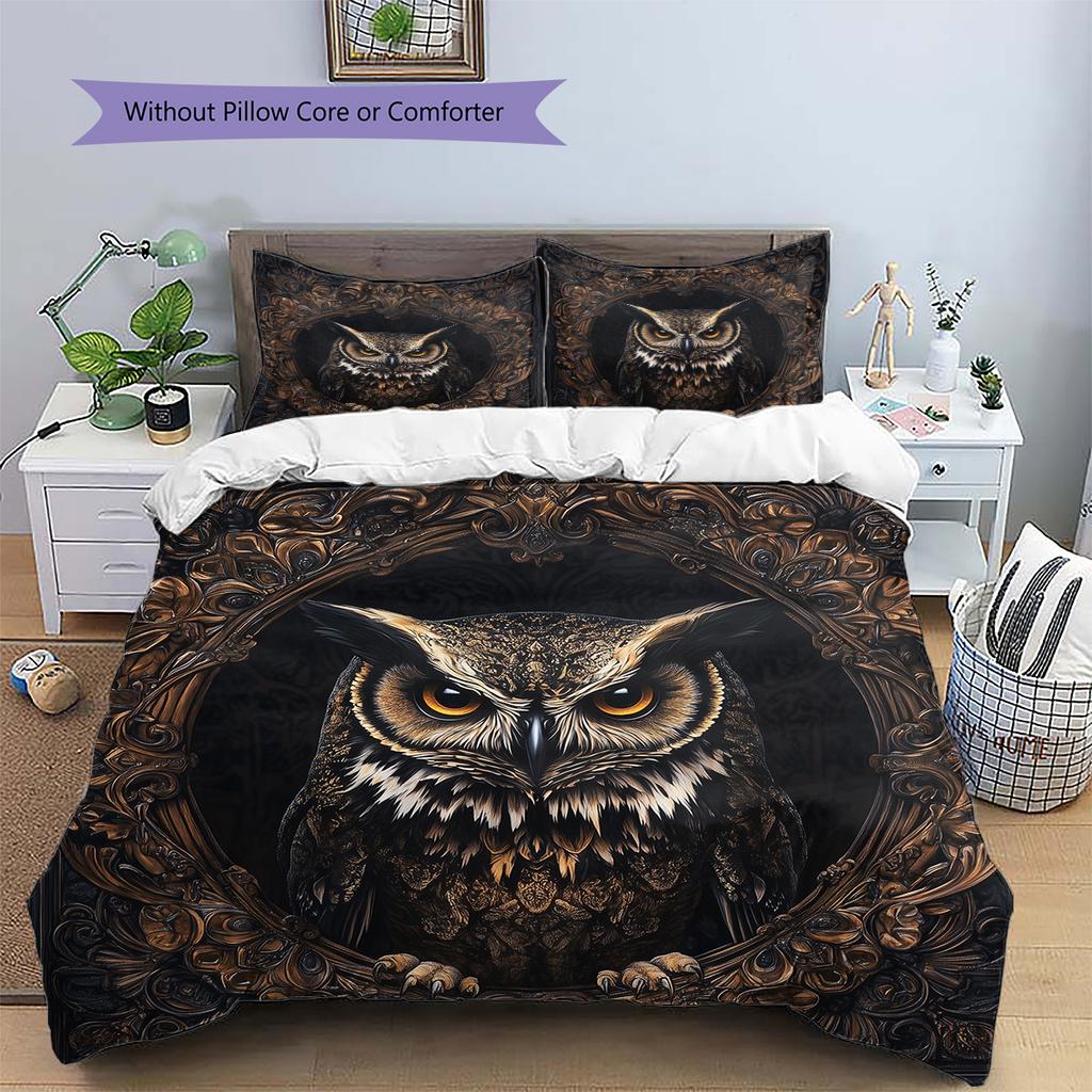Retro Patterned Owl  Pattern Bedding Quilt Set Quilt Cover Pillowcase Home Decoration  Gift (1 * Duvet Cover + 2 * Pillowcase, Without Core)