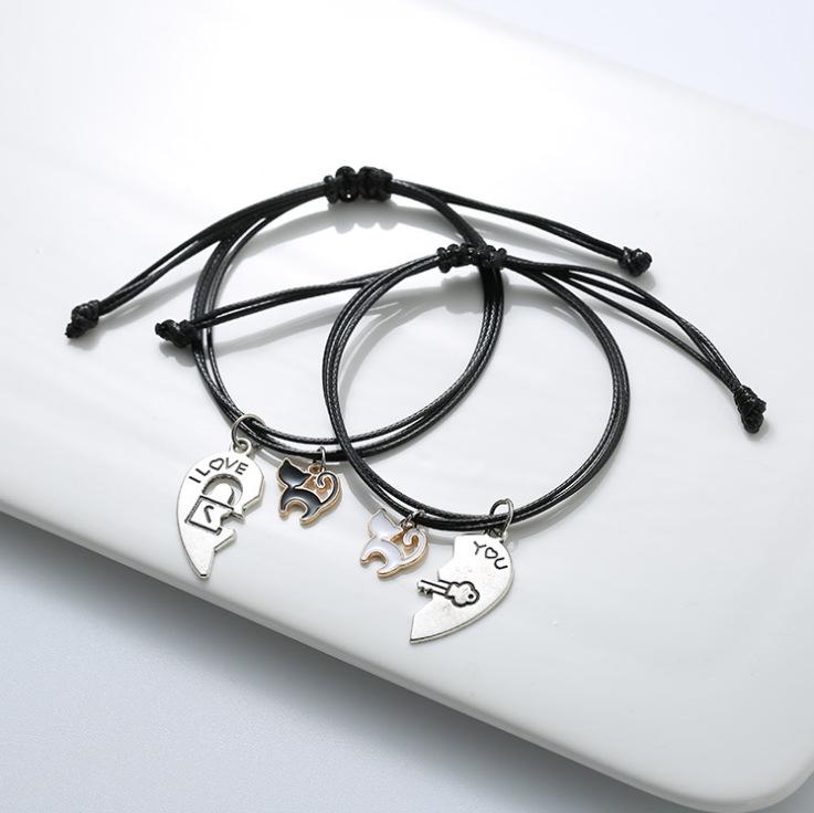 Korean Style Black and White Cat Heart Couple Woven Bracelet