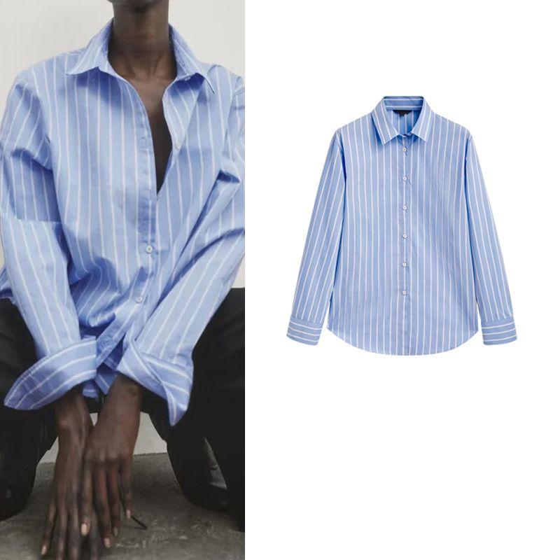 MD Spring/Summer New French Style Commute Style Casual Elegant All-Match Blue Vertical Stripes Long Sleeves Shirt 5126710