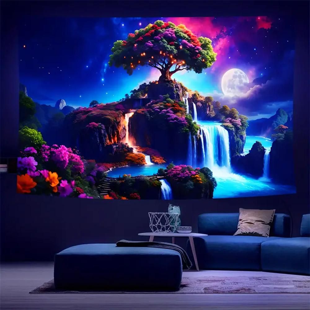 Beautiful Landscape Tapestry With Tree and Waterfall Fantastic Moon Starry Sky Art Tapestry Wall Hanging For Living Room Decor