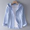 Men's Linen Shirt Summer Casual Hooded Long Sleeved Shirt Lightweight Cotton Linen Breathable Sunscreen Top