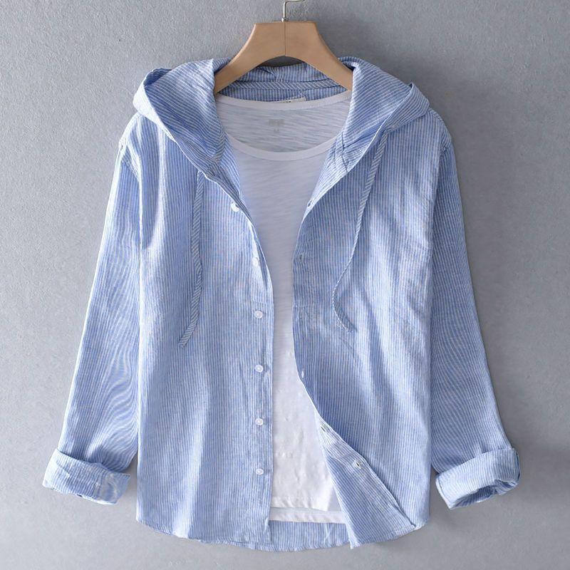 Men's Linen Shirt Summer Casual Hooded Long Sleeved Shirt Lightweight Cotton Linen Breathable Sunscreen Top