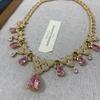 French Light Luxury Pink Zircon Flower Leaf Water Drop Zircon Necklace Earrings Set Heavy Industry Collarbone Chain