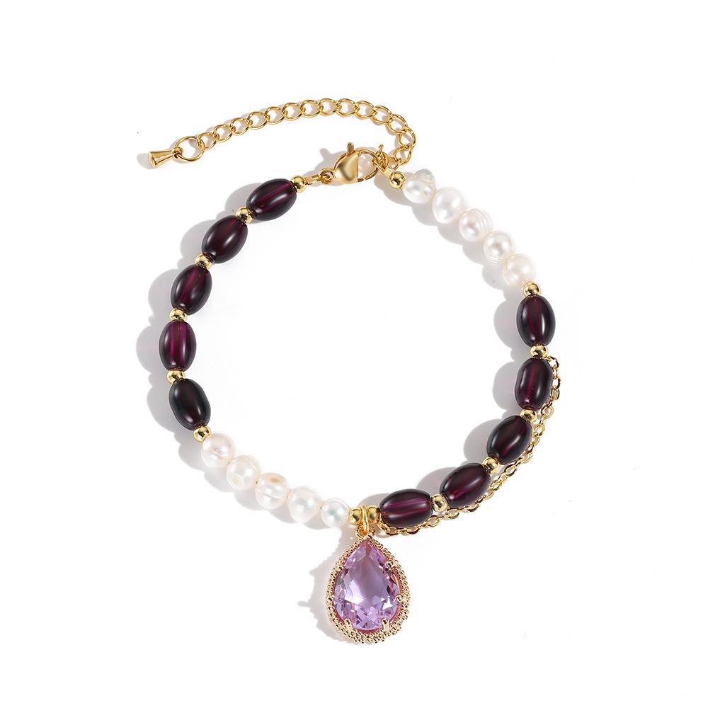 Purple natural stone bracelet, accessory, natural stone freshwater pearl retro bracelet, retro style, freshwater pearl bracelet