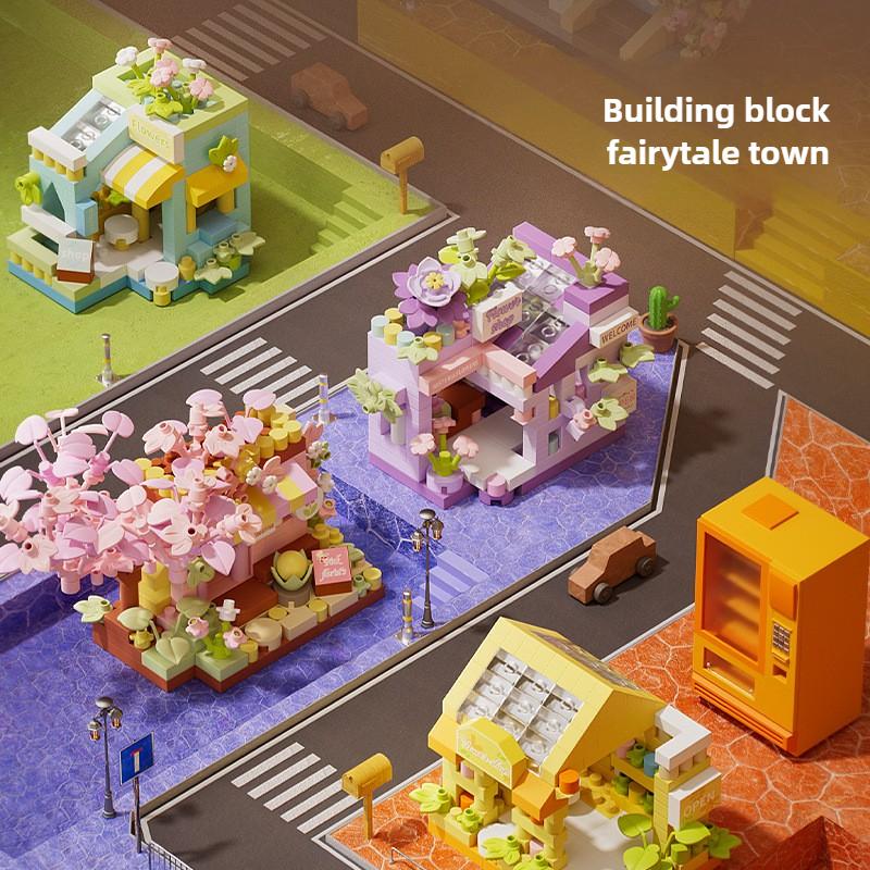 Non-Toxic Flower Shop Food House Building Blocks Kit Mini City Street View Home Decor Children Assembly Bricks Model Kids Educational Toy
