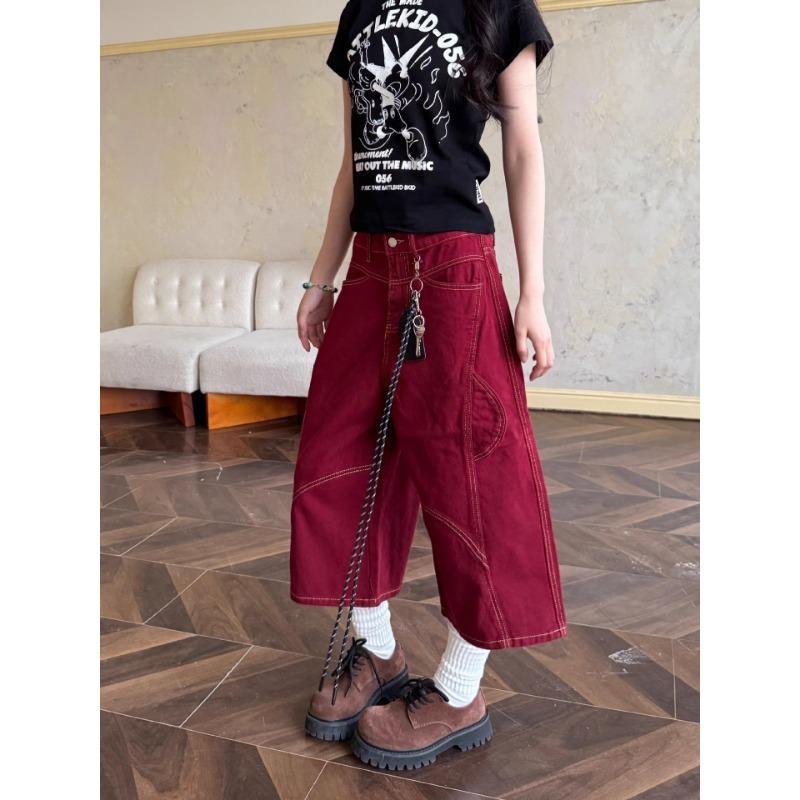 

Vintage deconstruction bright line multi-pocket tooling shorts men s and women s summer loose casual jeans 2XL бордовый