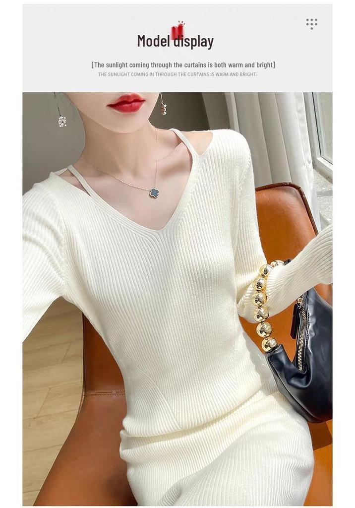 2025 Autumn/Winter Elegant Slim-Fit V-Neck Wool Knit Dress