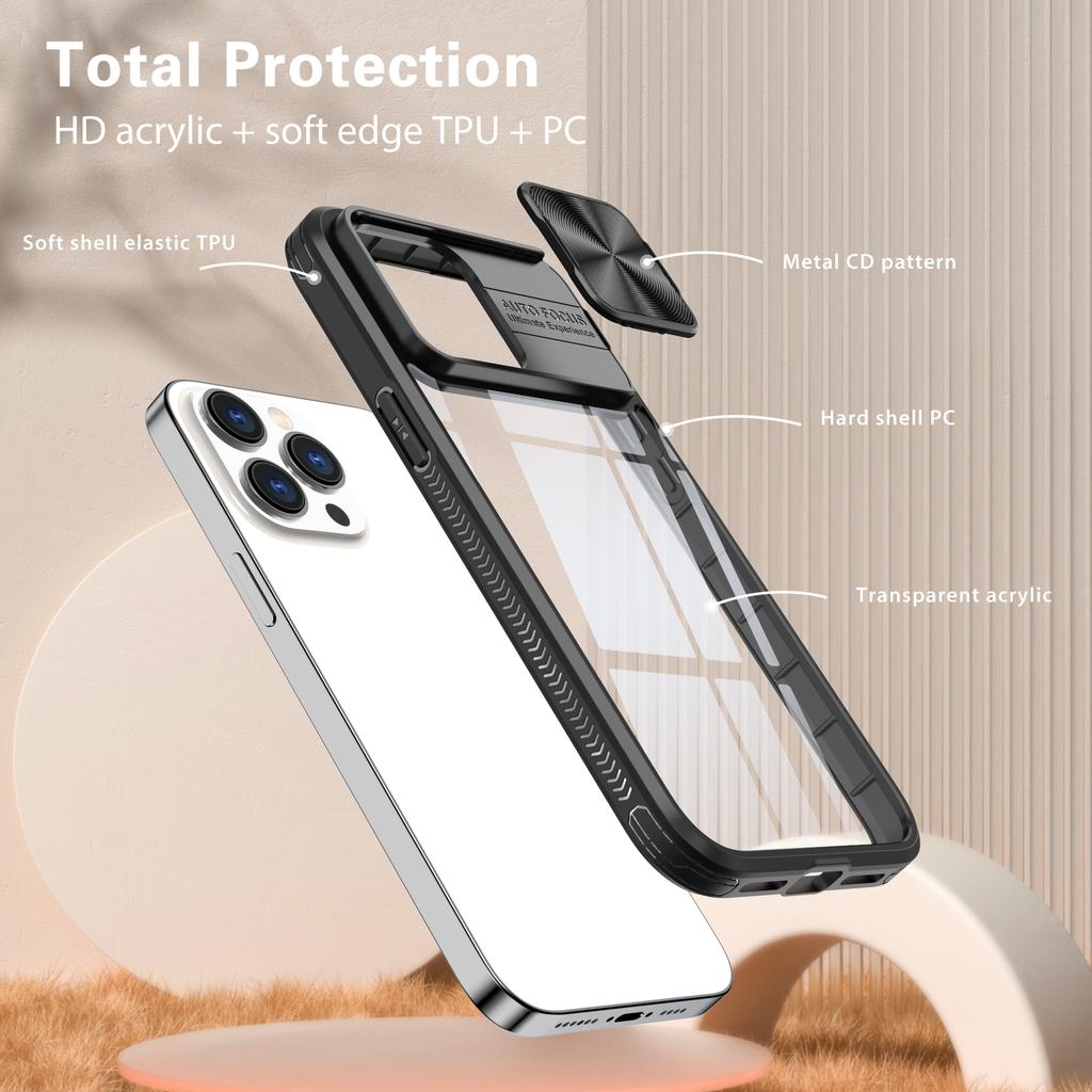 For iPhone 16 Pro Case TPU+PC Clear Phone Cover with CD-Veins Camera Lens Sliding Lid