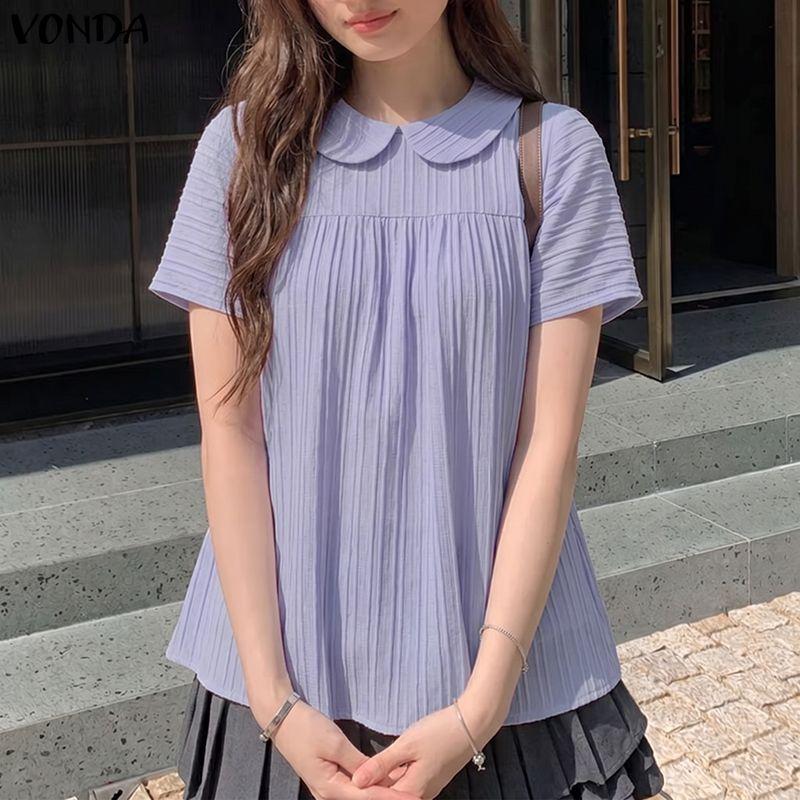 VONDA Summer Women Lapel Neck Solid Color Summer Short Sleeve Texture Casual Blouse Tops