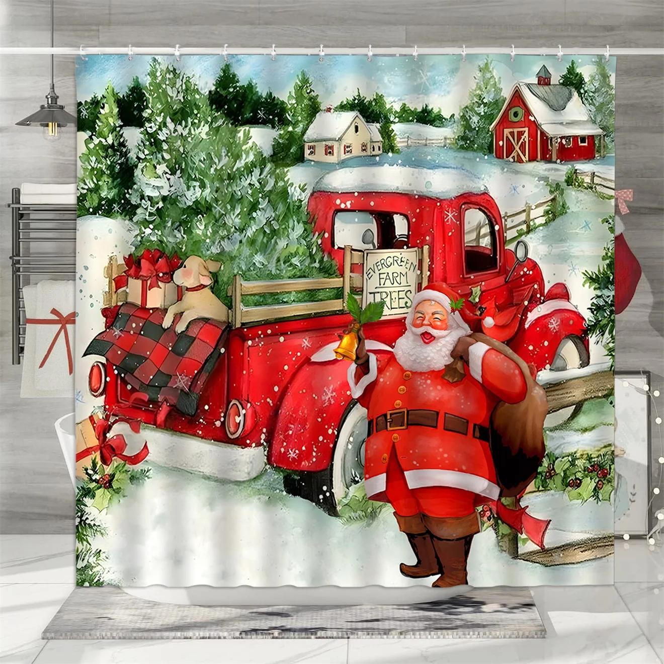 unframed Christmas Shower Curtain, Winter Snowman Father Christmas Farmhouse Truck Snowflake Christmas Tree Red Bird Bathroom 90x180cm