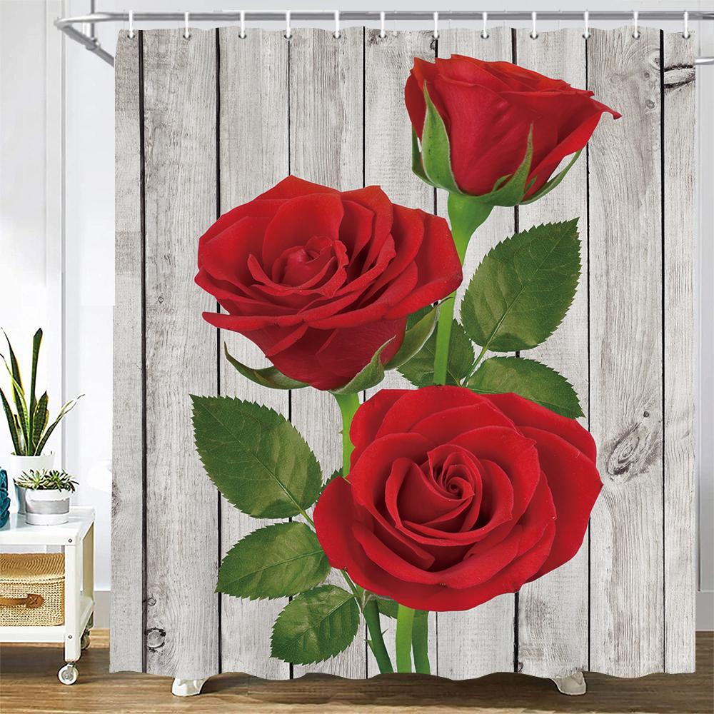 Красная Роза Шторка для Ванной Водонепроницаемые Шторы для Душа Полиэстер Цветы Романтика Любовь Экран для Ванной с Рисунком для Декора Ванной Комнаты W90xH180cm