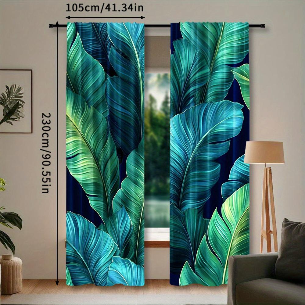 2pcs Set Tropical Leaves Curtains - Blue & Green, Rod Pocket Design for Living Room & Bedroom Decor