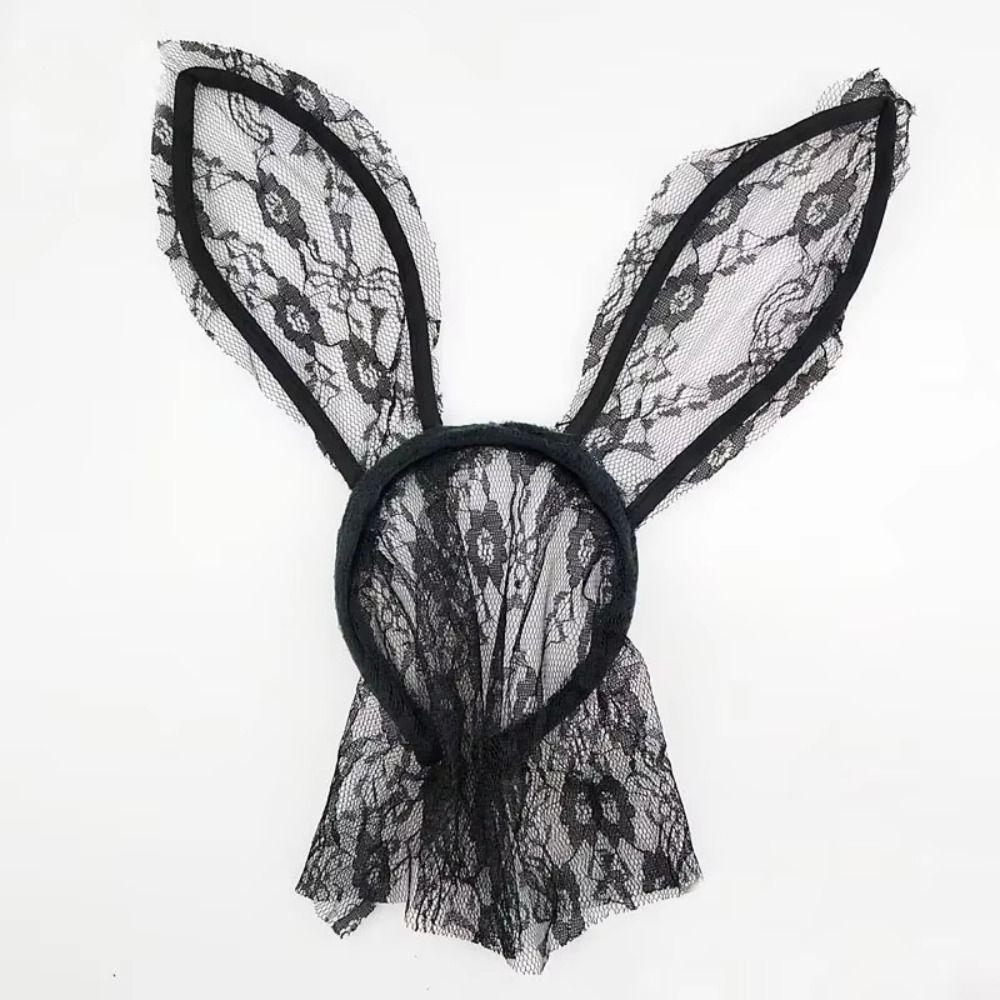 Spets Spets Ansiktsmask Ansiktsslöja Cosplay Hårband Elegant Kaninöron Hårband för Halloween