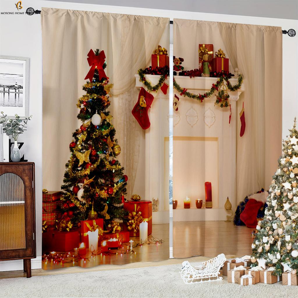 Christmas Curtains Santa Claus Snowflake Ball 3d Curtains Bedroom Restaurant New Year Holiday Party Decoration Curtains 2 Pieces