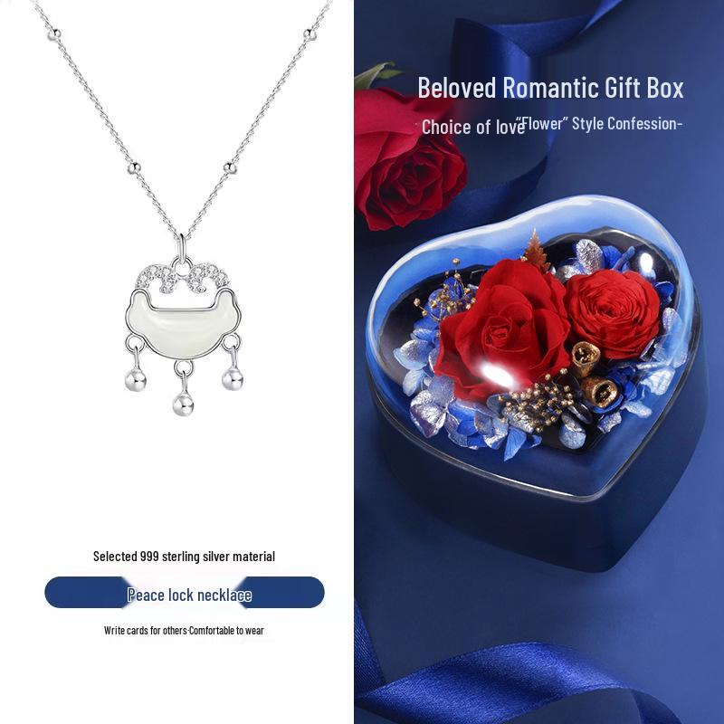 Hetian Jade Women's Necklace: 999 Sterling Silver Peace Lock Pendant, Versatile Clavicle Chain, Ideal Birthday Gift for Girlfriend