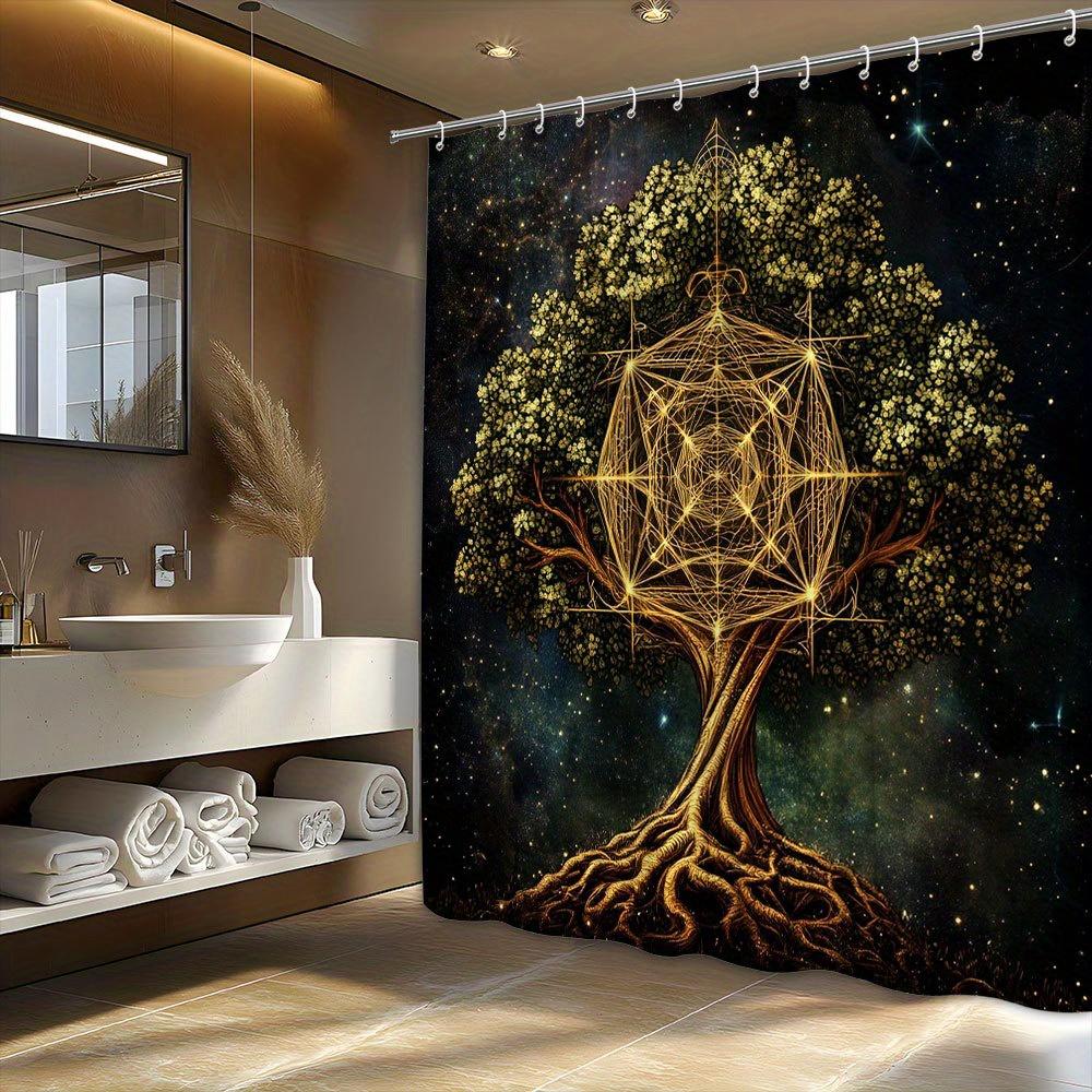 Mystical Mandala Tree Shower Curtain - Glowing Golden Geometric Patterns,Cosmic Night Sky,Nature & Abstract Art,All-Season Decor