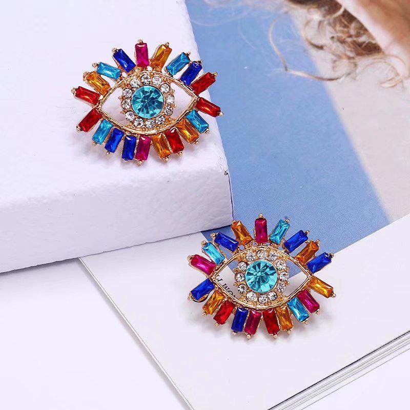 European-American Fashion Earrings: Exaggerated Hollow Fan with Rhinestone Devil's Eye Design