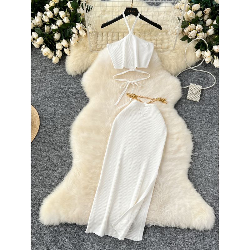Pure Desire Sexy Waist Trimming Halter Spaghetti Straps Vest Women's Chain Design Slim-Fit Slit Hip-Wrapped Skirt Knitting Suit