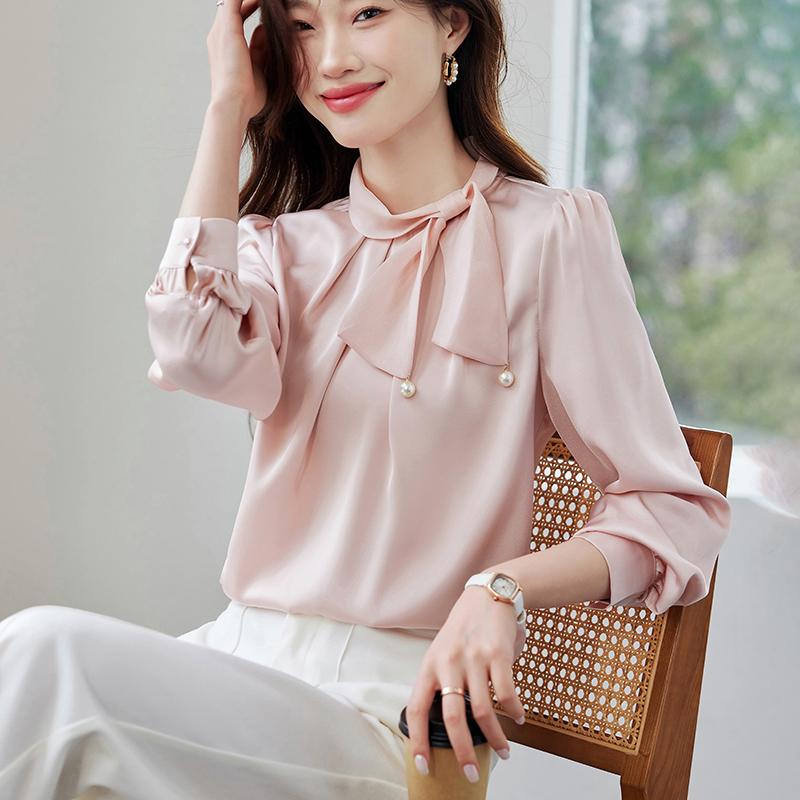 Women Blouses Shirts 2025 Spring Long Sleeve Women Blouse Shirt Bow Collar Solid Elegant Blouse Shirt Women Tops J909